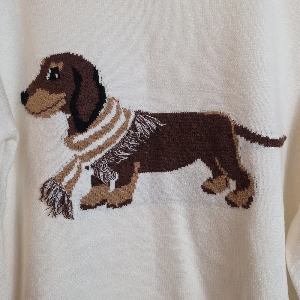 Calligraphie Dachshund Dog Intarsia Knit Crew Neck Sweater Cream Brown Medium - Picture 4 of 17